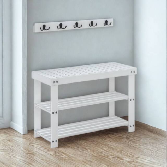 Pirlo Plush 3 Tier Bamboo Shoe Bench Rack with Coat Hooks White - image 1