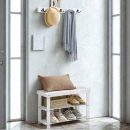 Pirlo Plush 3 Tier Bamboo Shoe Bench Rack with Coat Hooks White - thumbnail 2