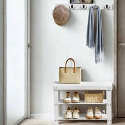 Pirlo Plush 3 Tier Bamboo Shoe Bench Rack with Coat Hooks White - thumbnail 4