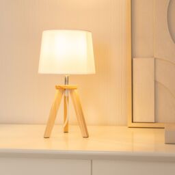 ValueLights Jackson Wooden Tripod Table Lamp with Fabric Shade & LED Bulb in Natural