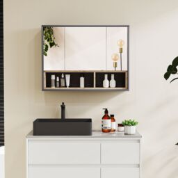 HOMCOM Bathroom Cabinet Wall Mounted Mirror Storage with Shelves Grey - thumbnail 1