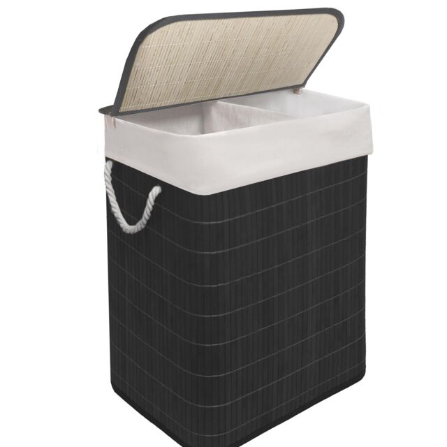 MANTRARAJ 105L Foldable Bamboo Laundry Basket Dual Compartment With Lid Grey in Black - image 1