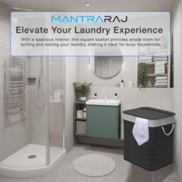 MANTRARAJ 105L Foldable Bamboo Laundry Basket Dual Compartment With Lid Grey in Black - thumbnail 2
