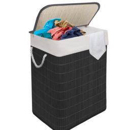 MANTRARAJ 105L Foldable Bamboo Laundry Basket Dual Compartment With Lid Grey in Black - thumbnail 7