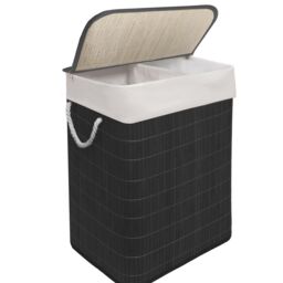 MANTRARAJ 105L Foldable Bamboo Laundry Basket Dual Compartment With Lid Grey in Black