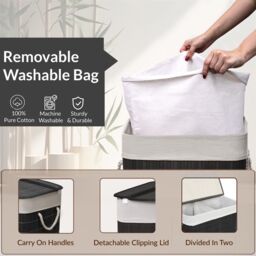 MANTRARAJ 105L Foldable Bamboo Laundry Basket Dual Compartment With Lid Grey in Black - thumbnail 4