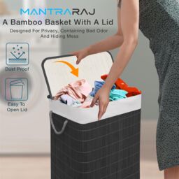 MANTRARAJ 105L Foldable Bamboo Laundry Basket Dual Compartment With Lid Grey in Black - thumbnail 6
