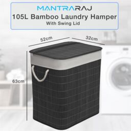 MANTRARAJ 105L Foldable Bamboo Laundry Basket Dual Compartment With Lid Grey in Black - thumbnail 3