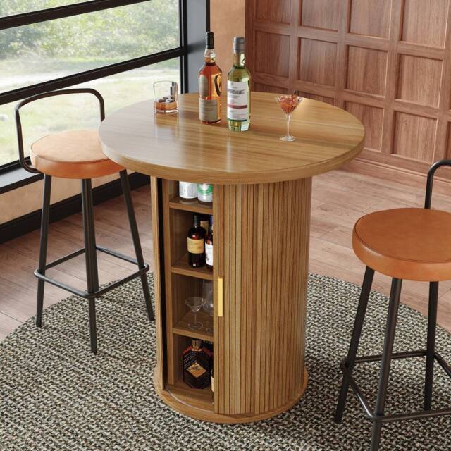 BTM Round Bar Table Storage Cabinet Standing Table for Living Room in Natural - image 1