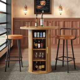 BTM Round Bar Table Storage Cabinet Standing Table for Living Room in Natural - thumbnail 4
