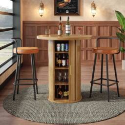 BTM Round Bar Table Storage Cabinet Standing Table for Living Room in Natural - thumbnail 2