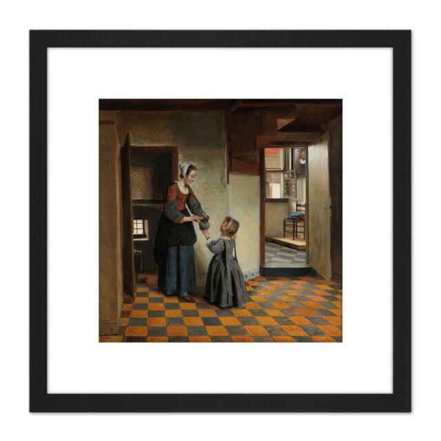 Artery8 Pieter De Hooch Woman With A Child In A Pantry 8X8 Inch Square Wooden Framed Wall Art Print Picture with Mount in Black - image 1