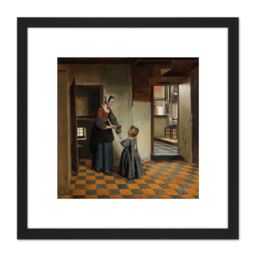 Artery8 Pieter De Hooch Woman With A Child In A Pantry 8X8 Inch Square Wooden Framed Wall Art Print Picture with Mount in Black - thumbnail 1