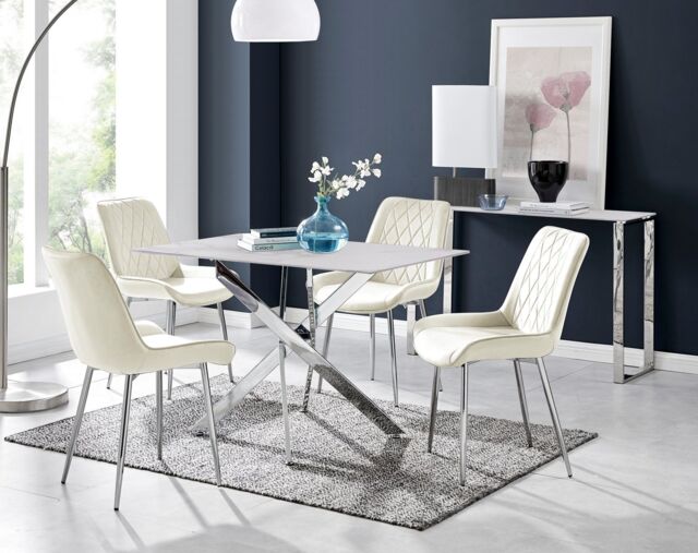 FurnitureboxUK Leonardo White Glass Marble Effect Silver Leg Table & 4 Pesaro Silver Chairs in Cream - image 1