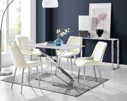 FurnitureboxUK Leonardo White Glass Marble Effect Silver Leg Table & 4 Pesaro Silver Chairs in Cream - thumbnail 1