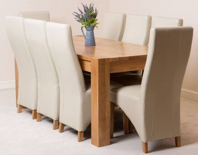 Thats Furniture Kuba 180 x 90 cm Chunky Oak Dining Table & 8 Lola Leather Chairs in Cream - image 1