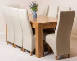 Thats Furniture Kuba 180 x 90 cm Chunky Oak Dining Table & 8 Lola Leather Chairs in Cream