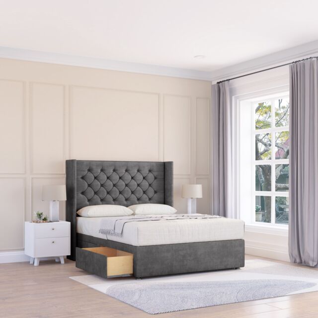 "Sloomy Dior Plush Wingback Bed Set, 2 Drawers & 54"" Floor Standing Headboard in Dark Grey - Size: King" - image 1