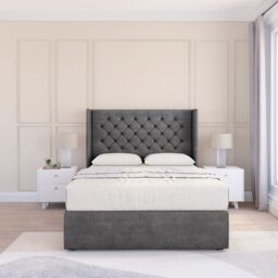 "Sloomy Dior Plush Wingback Bed Set, 2 Drawers & 54"" Floor Standing Headboard in Dark Grey - Size: King" - thumbnail 2
