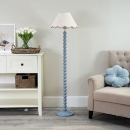 ValueLights Bobbins Powder Blue Floor Lamp with Tapered Linen Scallop Shade & LED Bulb in Pale Pink - thumbnail 5