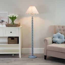 ValueLights Bobbins Powder Blue Floor Lamp with Tapered Linen Scallop Shade & LED Bulb in Pale Pink