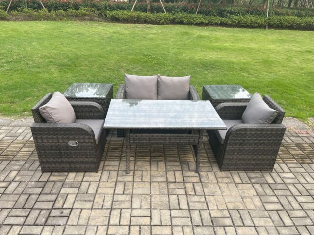 Fimous Outdoor Rattan Garden Furniture Lounge Sofa Set With Oblong Rectangular Dining Table 2 PC Side Tables in Dark Grey - image 1