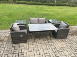 Fimous Outdoor Rattan Garden Furniture Lounge Sofa Set With Oblong Rectangular Dining Table 2 PC Side Tables in Dark Grey - thumbnail 2