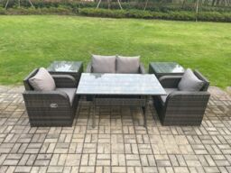 Fimous Outdoor Rattan Garden Furniture Lounge Sofa Set With Oblong Rectangular Dining Table 2 PC Side Tables in Dark Grey - thumbnail 1