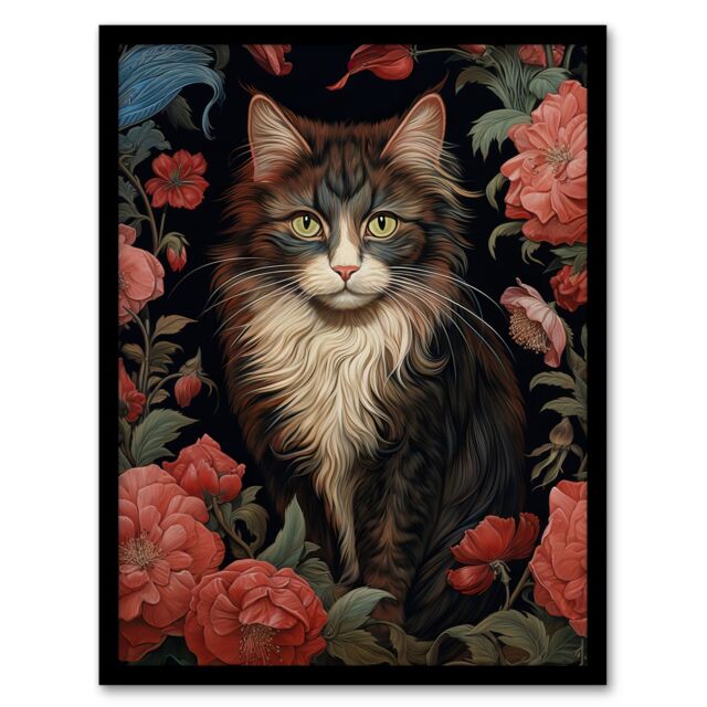 Artery8 Stylish Maine Coon Cat In Pink Flower Garden Floral Design Illustration Artwork Art Print Framed Poster Wall Decor in Black - Size: A4 - image 1