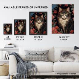 Artery8 Stylish Maine Coon Cat In Pink Flower Garden Floral Design Illustration Artwork Art Print Framed Poster Wall Decor in Black - Size: A4 - thumbnail 3