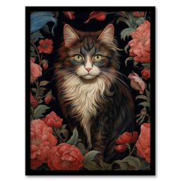 Artery8 Stylish Maine Coon Cat In Pink Flower Garden Floral Design Illustration Artwork Art Print Framed Poster Wall Decor in Black - Size: A4 - thumbnail 1
