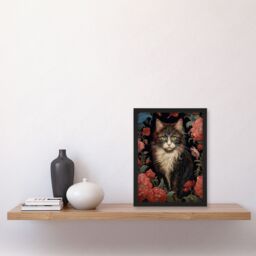 Artery8 Stylish Maine Coon Cat In Pink Flower Garden Floral Design Illustration Artwork Art Print Framed Poster Wall Decor in Black - Size: A4 - thumbnail 4