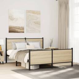 Berkfield Home Metal Bed Frame without Mattress Sonoma Oak 137x190 cm in Light Brown - thumbnail 2