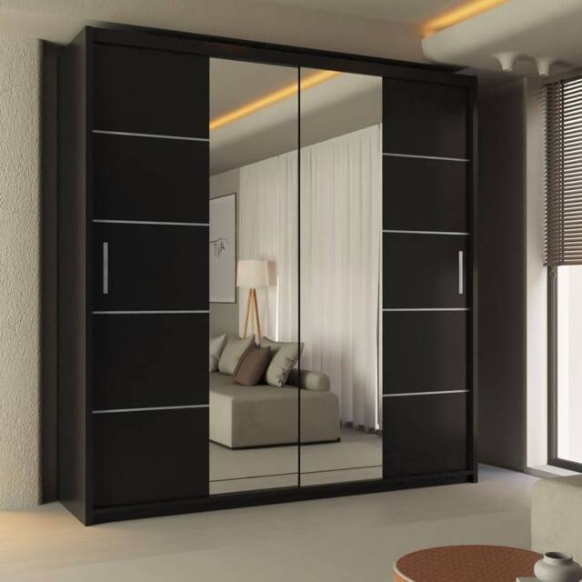 Sliding Wardrobes 4U Ribon Sliding Mirror Door Wardrobe 203cm X 217cm in Black - Size: 203 cm X 217 cm - image 1