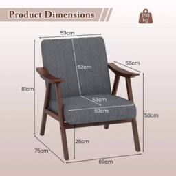 FORGEVIO Modern Accent Chair with Armrests & Rubber Wood in Grey - Size: 0.6m2 - thumbnail 2