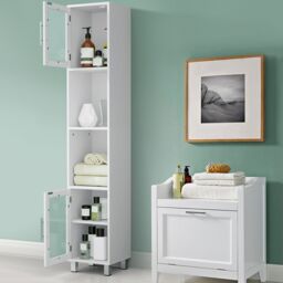 Costway Bathroom Tall Cabinet Slim Freestanding Storage Organizer Cupboard 2 Glass Doors in White - thumbnail 4