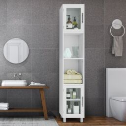 Costway Bathroom Tall Cabinet Slim Freestanding Storage Organizer Cupboard 2 Glass Doors in White - thumbnail 3