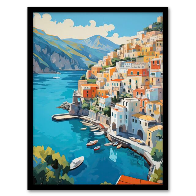 Artery8 Wall Art Print Amalfi Coast Artwork Blue Orange Green Italy Coastal Village Landscape Art Framed in Black - Size: A4 - image 1