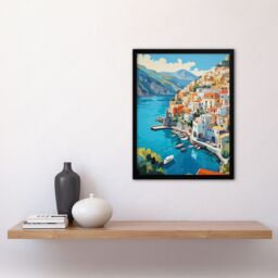 Artery8 Wall Art Print Amalfi Coast Artwork Blue Orange Green Italy Coastal Village Landscape Art Framed in Black - Size: A4 - thumbnail 4