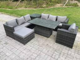 Fimous 8 Seater Outdoor Rattan Sofa Set Adjustable Lifting Side Tables Chairs Footstool in Dark Grey - thumbnail 1