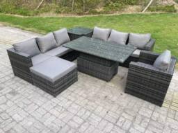 Fimous 8 Seater Outdoor Rattan Sofa Set Adjustable Lifting Side Tables Chairs Footstool in Dark Grey - thumbnail 2