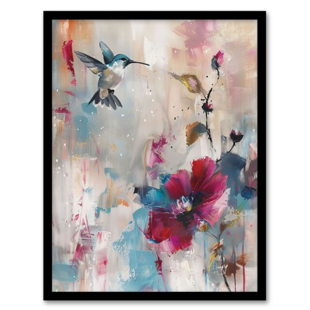 "Artery8 Hummingbird & Zinnia Flower Blooms Oil Painting Framed Art Print - Size: W12"" x H16""" - image 1
