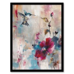 "Artery8 Hummingbird & Zinnia Flower Blooms Oil Painting Framed Art Print - Size: W12"" x H16""" - thumbnail 1