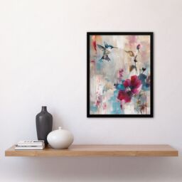 "Artery8 Hummingbird & Zinnia Flower Blooms Oil Painting Framed Art Print - Size: W12"" x H16""" - thumbnail 4