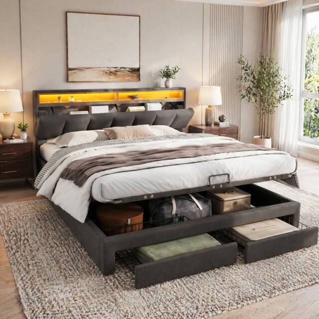STILVORA 6ft Super King Upholstered Bed with LED Lighting in Grey - image 1