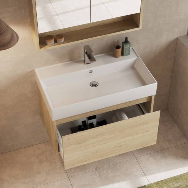 Banyetti Mino 800mm Wall Hung Vanity Unit with Veneto 1TH Basin- Natural Oak in Light Oak - image 1