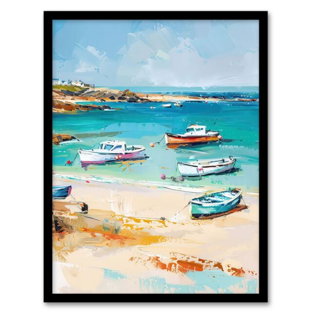 "Artery8 Sandy Beach Bay Fishing Boats Coastal Landscape Framed Art Print in Blue - Size: W12"" x H16""" - image 1