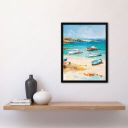 "Artery8 Sandy Beach Bay Fishing Boats Coastal Landscape Framed Art Print in Blue - Size: W12"" x H16""" - thumbnail 4