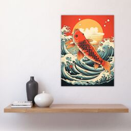 Artery8 Japan Koi Carp Fish Leaping From The Sea At Sunset Great Wave Off-Goldfish Artwork Large Wall Unframed Art Poster Print Thick Paper 18X24 - thumbnail 4
