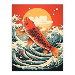 Artery8 Japan Koi Carp Fish Leaping From The Sea At Sunset Great Wave Off-Goldfish Artwork Large Wall Unframed Art Poster Print Thick Paper 18X24 - thumbnail 1
